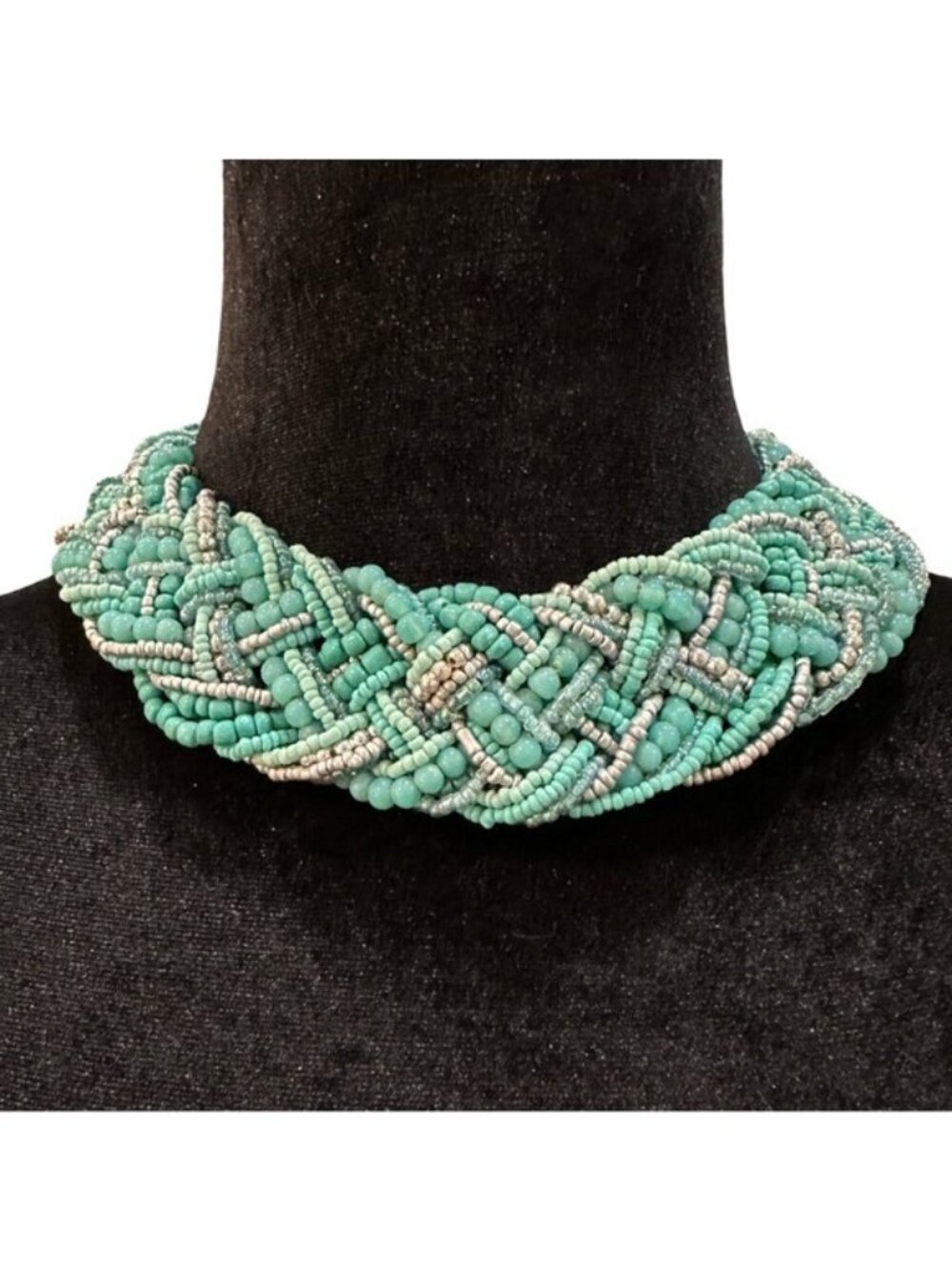 Handcrafted Woven Beaded Necklace With Turquoise & Silver Beads